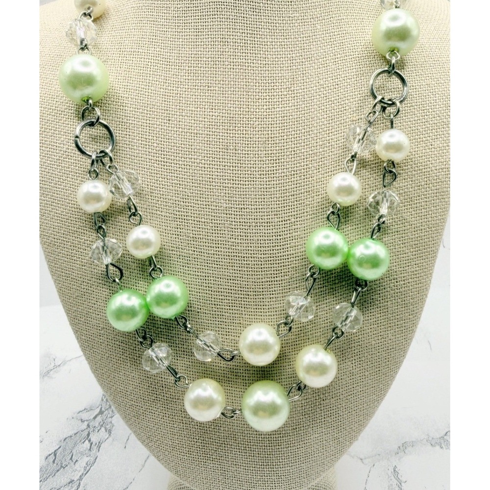 Pale Green Pearl Bead‎ Double Strand Necklace Silver Tone Faceted Crystal